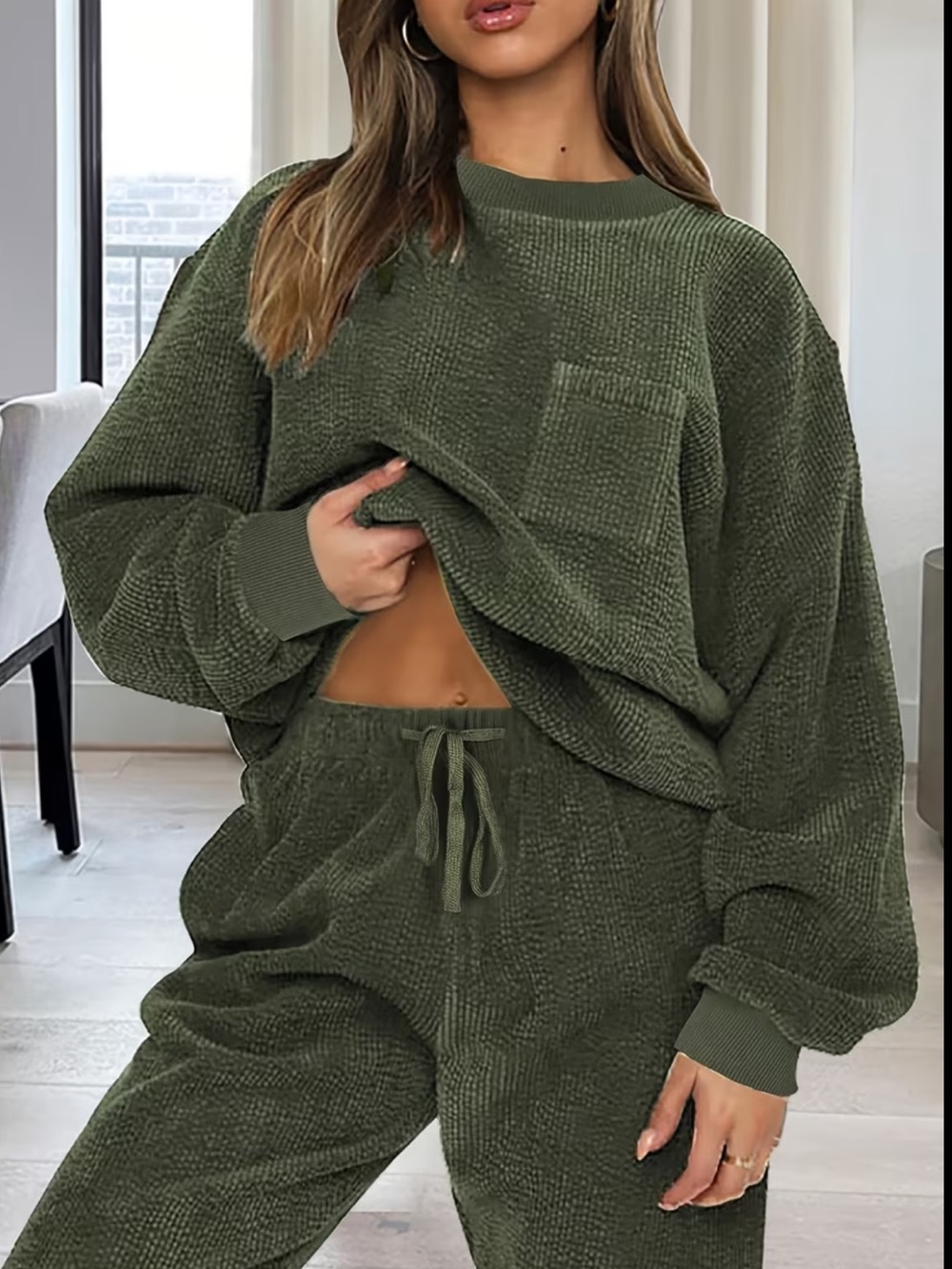 Women's Fashion Solid Color Round Neck Long Sleeve Top and Drawstring Pants